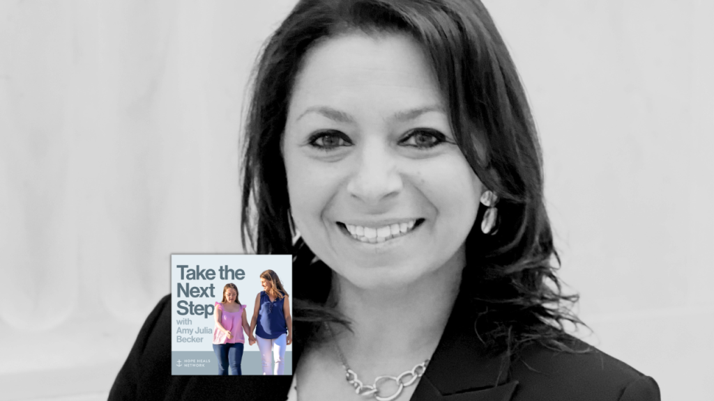 Chris Cipriano poses for a portrait. Near the bottom is a smaller image of the podcast cover where Penny and Amy Julia walk hand in hand, with Amy Julia looking toward Penny.