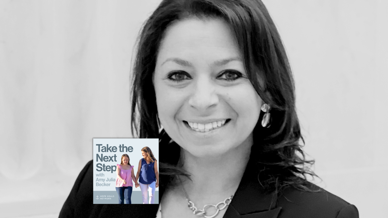 Chris Cipriano poses for a portrait. Near the bottom is a smaller image of the podcast cover where Penny and Amy Julia walk hand in hand, with Amy Julia looking toward Penny.
