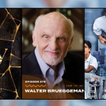 A collage of recommended books, a podcast episode featuring Walter Brueggemann, the TV series The Bear, and a podcast by Tim Mackie, arranged in vertical panels.
