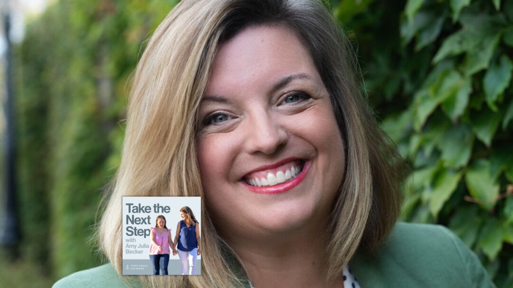 Misty Coy Snyder poses for a portrait outside. In the lower left is the cover of the “Take the Next Step with Amy Julia Becker” podcast with Penny, who has Down syndrome, walking with Amy Julia on a dirt path.