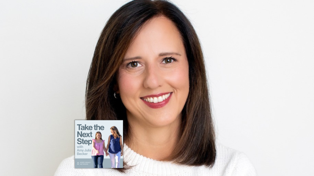 Jen P Michel poses for a portrait inside. In the bottom middle is a small image of the podcast logo where Penny and Amy Julia walk hand in hand, with Amy Julia looking toward Penny.