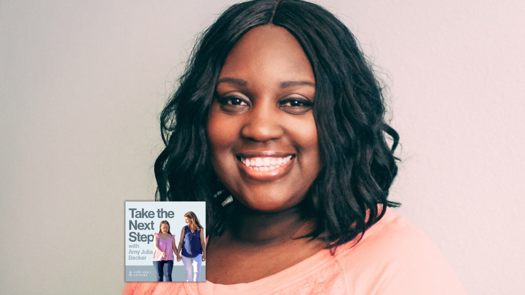 Nakoa Dantzler Merritt poses for an indoor portrait. In the bottom middle is a small image of the podcast logo where Penny and Amy Julia walk hand in hand, with Amy Julia looking toward Penny.