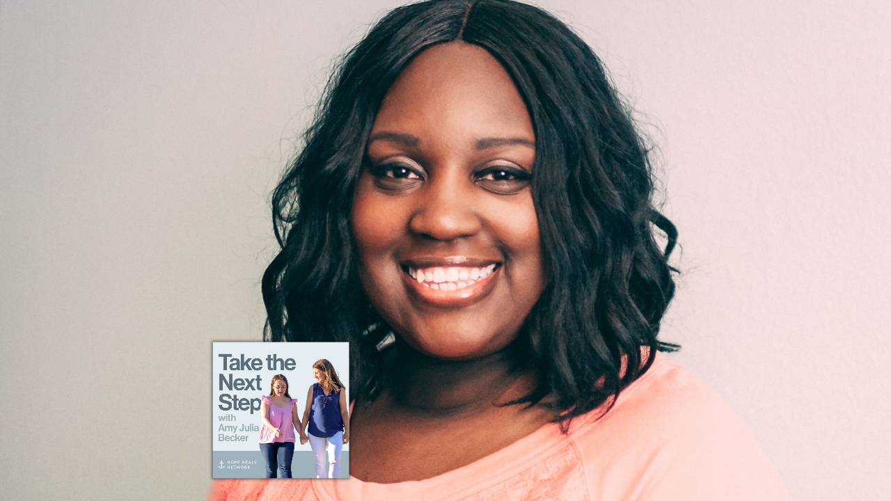 Nakoa Dantzler Merritt poses for an indoor portrait. In the bottom middle is a small image of the podcast logo where Penny and Amy Julia walk hand in hand, with Amy Julia looking toward Penny.