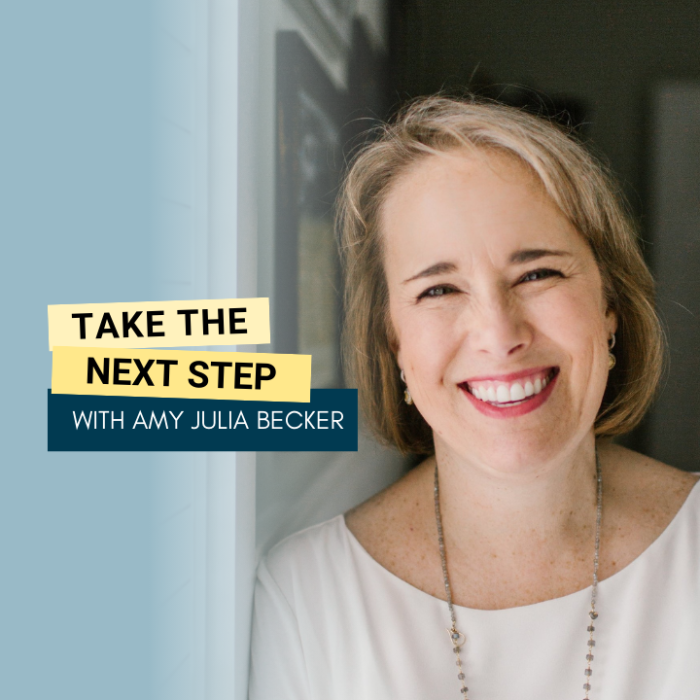 1 Sissy Goff poses for a portrait. Bold text in yellow text boxes near the middle of the photo says Take the Next Step.