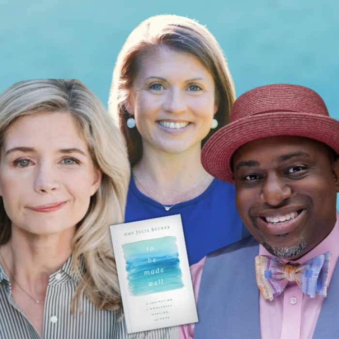 AJB-featured gradient blue graphic with cutout pictures of Katherine Wolf, Amy Julia, and David Bailey with the book cover of To Be Made Well