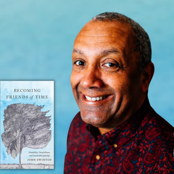 gradient blue graphic with pictures of Amy Julia Becker and Dr. John Swinton, the book cover of Becoming Friends of Time and text that says Love Is Stronger Than Fear