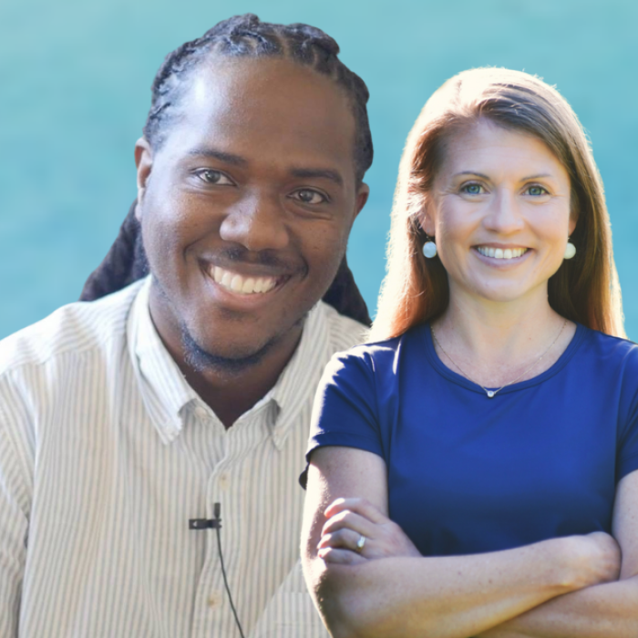 AJB-featured (13) gradient blue graphic with picture cutout of Dominique Gilliard and Love Is Stronger Than Fear podcast logo