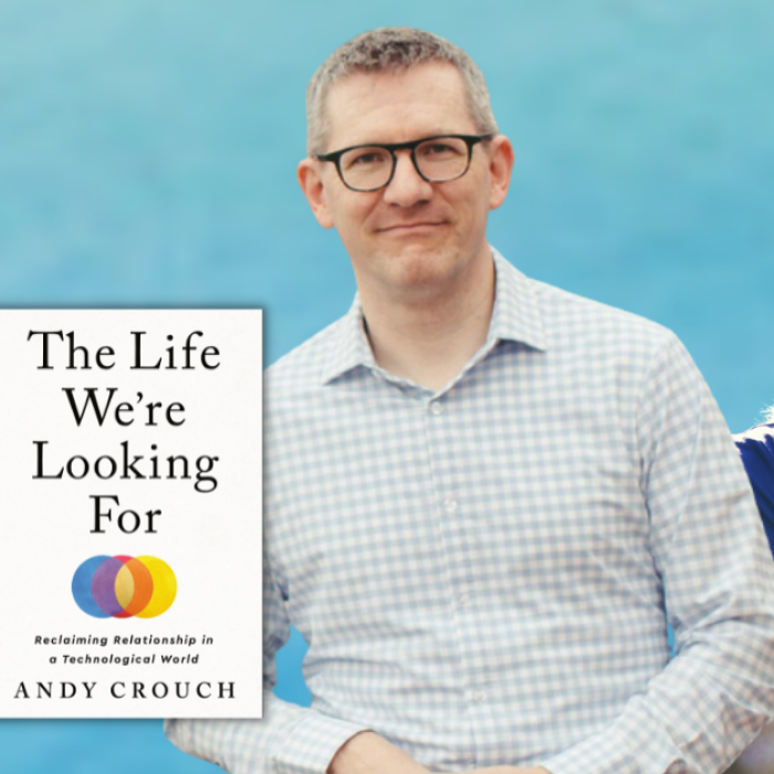 gradient blue graphic with cut out pictures of Andy Crouch and Amy Julia Becker, the cover of The Life We're Looking For, and text from post caption