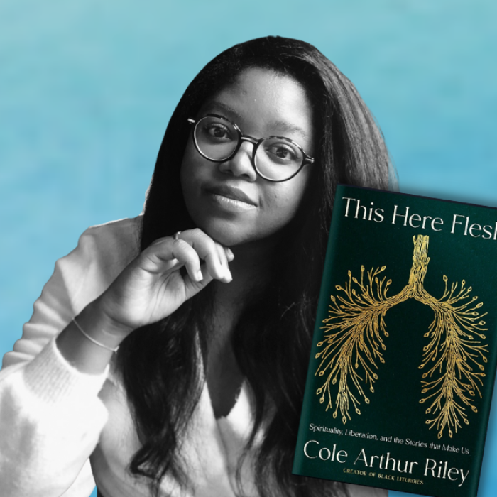 AJB-featured gradient blue graphic with a cut out picture of Cole Arthur Riley, book cover of This Here Flesh, and cut out picture of Amy Julia