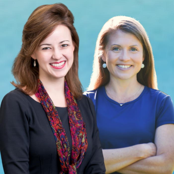 AJB-featured gradient blue graphic with cut out pictures of Anne Snyder and Amy Julia and text that says Love is Stronger Than Fear
