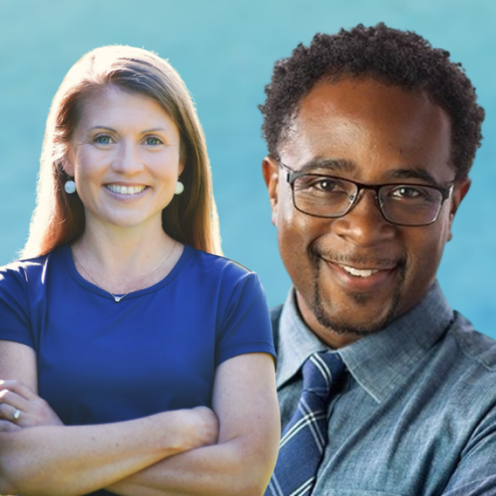 AJB-featured (8) blue graphic with cut out pictures of Amy Julia Becker and Dr Jemar Tisby