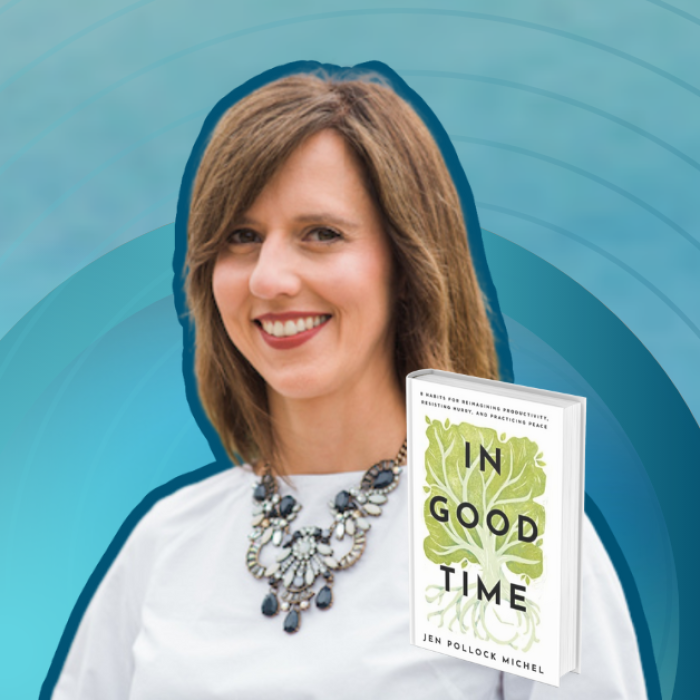 gradient blue graphic with cutout pictures of Jen Pollock Michel, the book cover of In Good Time, and text that says Love Is Stronger Than Fear.