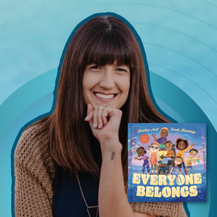 gradient blue graphic with cutout picture of Heather Avis, the book cover of Everyone Belongs, and text that says Love Is Stronger Than Fear with Amy Julia Becker