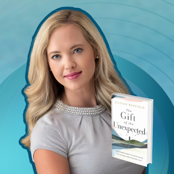 AJB-featured season 6(1560 × 628 px) – befield gradient blue graphic with cutout picture of Jillian Benfield, the book cover of The Gift of the Unexpected, and text that says Love Is Stronger Than Fear