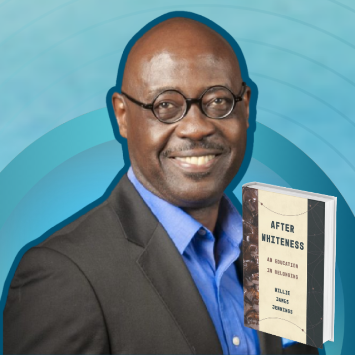 gradient blue graphic with cutout picture of Willie James Jennings, the book cover of After Whiteness, and text that says Love Is Stronger Than Fear with Amy Julia Becker