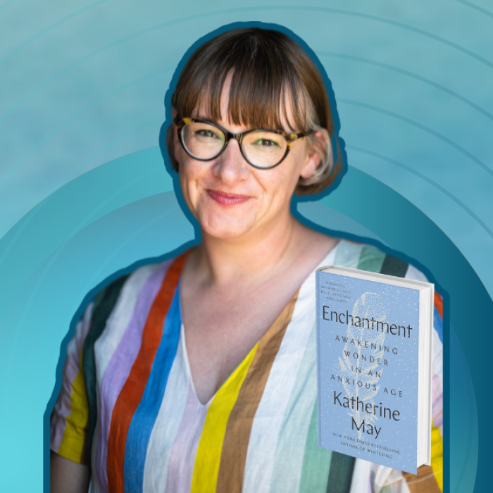 AJB-featured season 6(1560 × 628 px) – may gradient blue graphic with cutout picture of Katherine May, the book cover of Enchantment, and text that says Love Is Stronger Than Fear