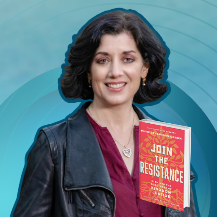 AJB-featured season 6(1560 × 628 px) – michelle gradient blue graphic with cutout picture of Michelle Ferrigno Warren , the book cover of Join the Resistance, and text that says Love Is Stronger Than Fear