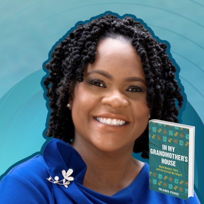 AJB-featured season 6(1560 × 628 px) – pierce gradient blue graphic with cutout photo of Yolanda Pierce, the book cover of In My Grandmother’s House, and text that says Love Is Stronger Than Fear