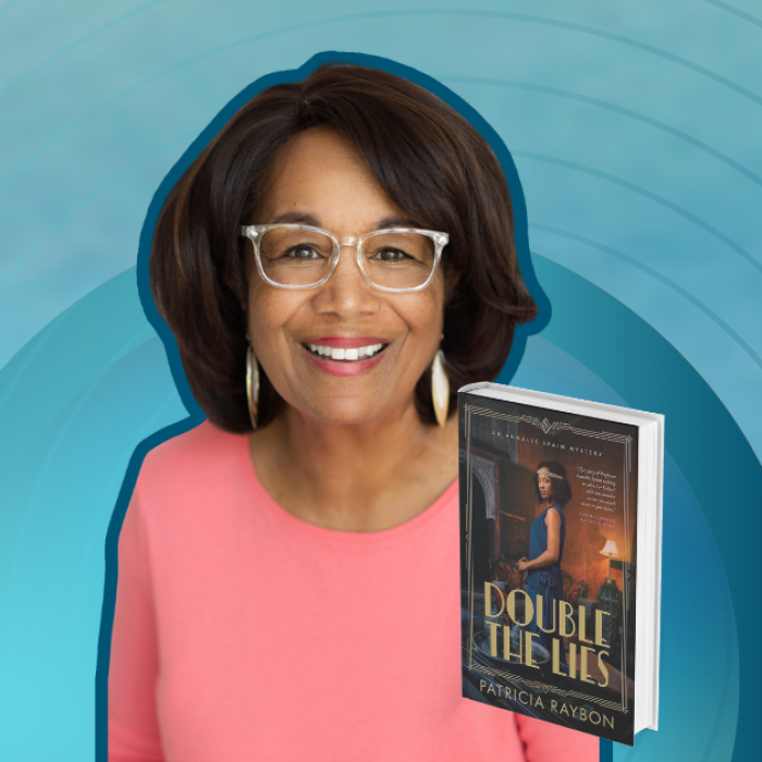 AJB-featured season 6(1560 × 628 px) – raybon gradient blue graphic with cutout picture of Patricia Raybon, the book cover of Double the Lies, and text that says Love Is Stronger Than Fear