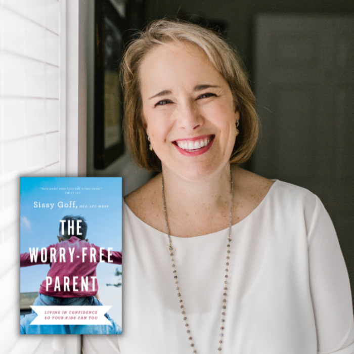 AJB-featured season 7(1560 × 628 px) – sissy goff gradient blue background with photo of Sissy Goff in a doorway with text that says Love Is Stronger Than Fear and the cover of The Worry-Free Parent