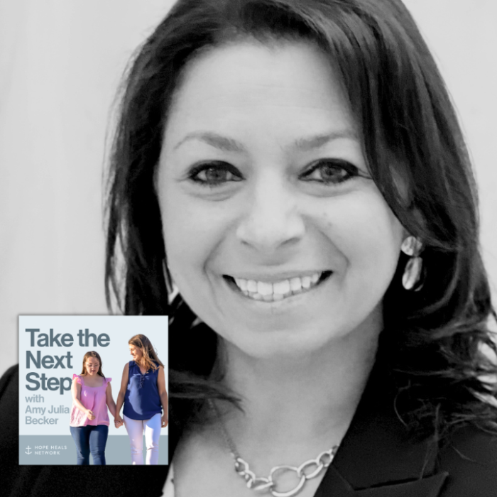 Chris Cipriano poses for a portrait. Near the bottom is a smaller image of the podcast cover where Penny and Amy Julia walk hand in hand, with Amy Julia looking toward Penny.