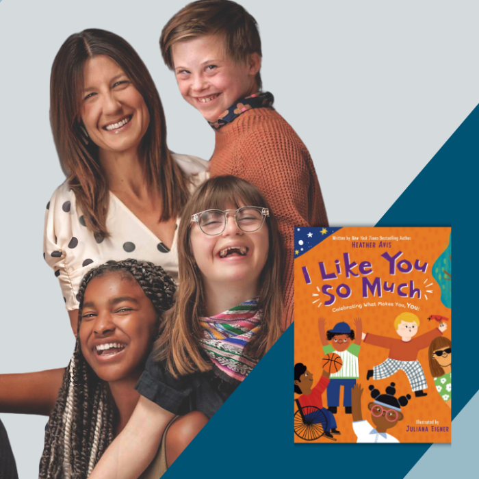 SocialWebCover – Heather Avis graphic with a photo of Heather Avis. Dark and light blue bars cut diagonally through the left and the right of the photo. There is an overlay of the the book I Like You So Much and the “Reimagining the Good Life” podcast logo in the bottom right corner