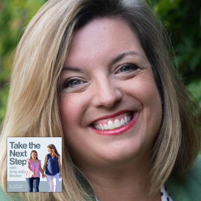 Misty Coy Snyder poses for a portrait outside. In the lower left is the cover of the “Take the Next Step with Amy Julia Becker” podcast with Penny, who has Down syndrome, walking with Amy Julia on a dirt path.