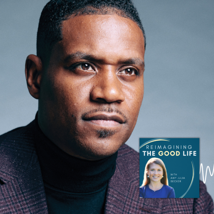 Justin Giboney poses for an indoor portrait. In the lower right corner is the cover of the “Reimagining the Good Life with Amy Julia Becker” podcast, along with a white audio waveform graphic.