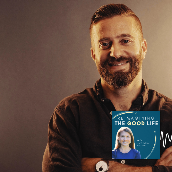 Podcast graphic for Reimagining the Good Life, Season 9 Episode 6. Justin Whitmel Earley poses for an indoor portrait with text overlay that reads: “Why Ignoring the Body Never Works with Justin Whitmel Earley.” Near the bottom is a small thumbnail of host Amy Julia Becker and the show’s logo.