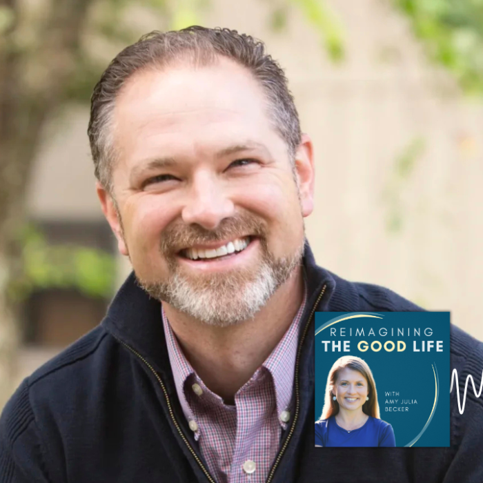 A smiling Kelly Kapic sits outdoors. In the lower right corner is the cover of the “Reimagining the Good Life with Amy Julia Becker” podcast, along with a white audio waveform graphic.