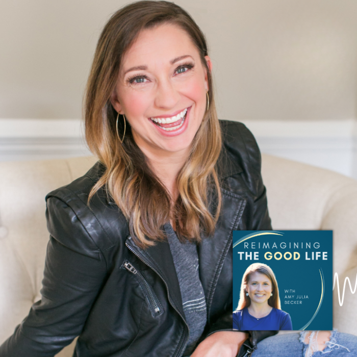 A smiling Sharon Hodde Miller sits on a couch. In the lower right corner is the cover of the “Reimagining the Good Life with Amy Julia Becker” podcast, along with a white audio waveform graphic.