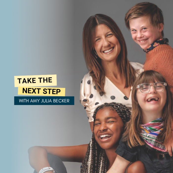 SocialWebCover – Take the Next Step Heather Avis Disability advocate Heather Avis and her kids, two of whom have Down syndrome, pose for a portrait. Bold text in yellow text boxes near the middle of the photo says Take the Next Step.