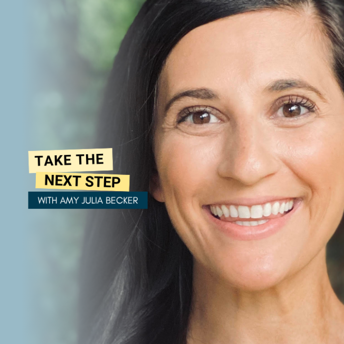 Jordan Arogeti poses for a portrait outside. Bold text in yellow text boxes near the middle of the photo says Take the Next Step.