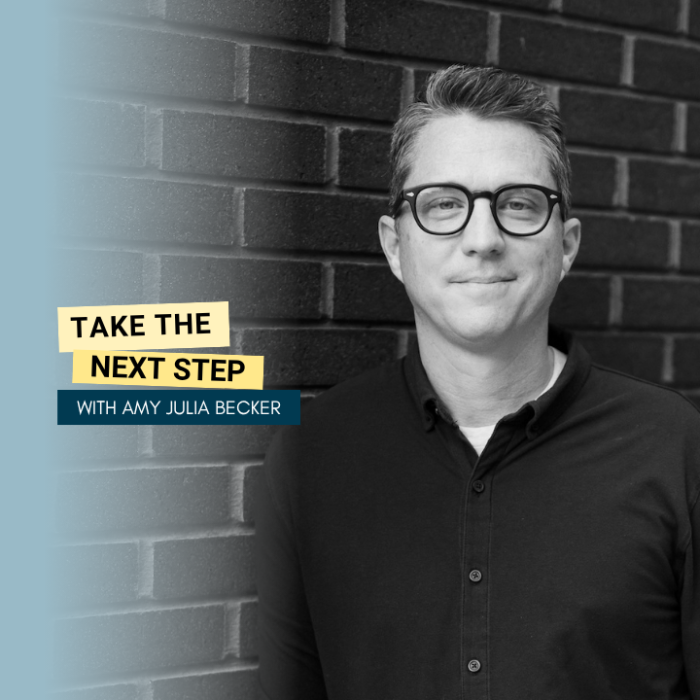 SocialWebCover – Take the Next Step Matt Mooney Matt Mooney poses for a black and white portrait against a brick wall. Bold text in yellow text boxes near the middle of the photo says Take the Next Step.