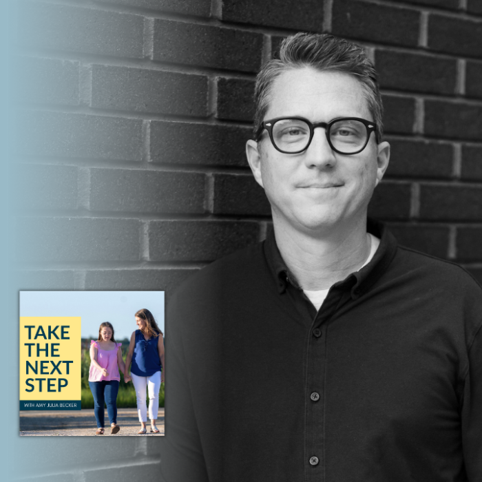 Matthew Mooney poses for a portrait. In the lower left is the cover of the “Take the Next Step with Amy Julia Becker” podcast with Penny, who has Down syndrome, walking with Amy Julia on a dirt path.