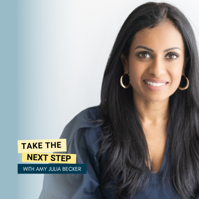 Niro Feliciano poses for a portrait. Bold text in yellow text boxes near the middle of the photo says Take the Next Step.