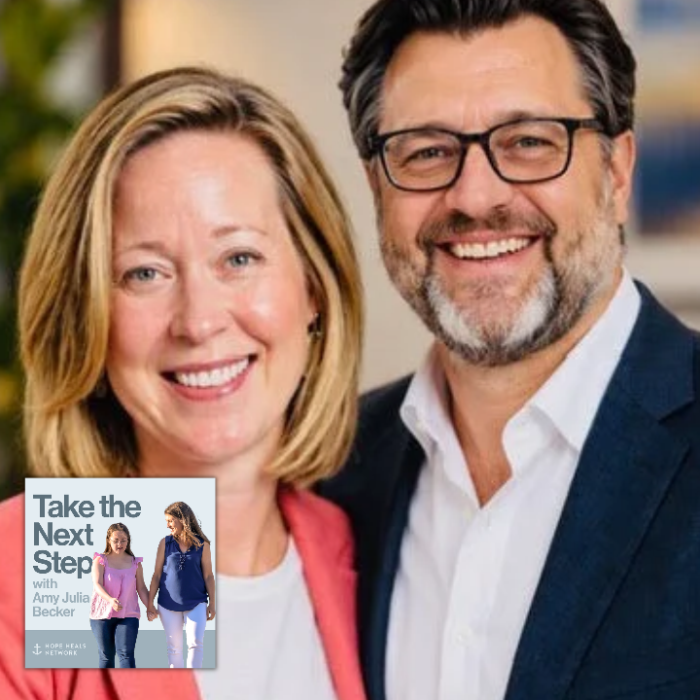 Photo of the Gohdes. In the bottom middle is a small image of the podcast logo where Penny and Amy Julia walk hand in hand, with Amy Julia looking toward Penny.