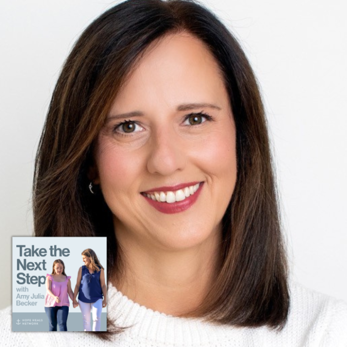 Jen P Michel poses for a portrait inside. In the bottom middle is a small image of the podcast logo where Penny and Amy Julia walk hand in hand, with Amy Julia looking toward Penny.
