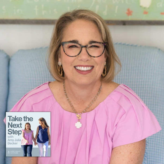 Sissy Goff sits a light blue couch in a bright room. In the bottom middle is a small image of the podcast logo where Penny and Amy Julia walk hand in hand, with Amy Julia looking toward Penny.